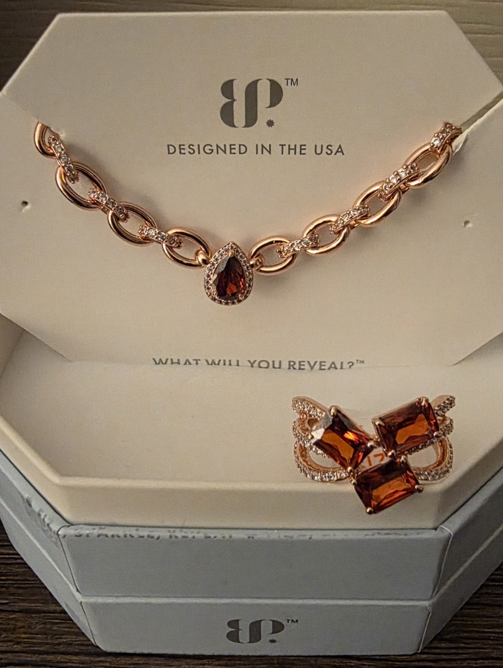 BP January 2026 Rose Gold Tone Necklace and Ring Set with Amber Stones